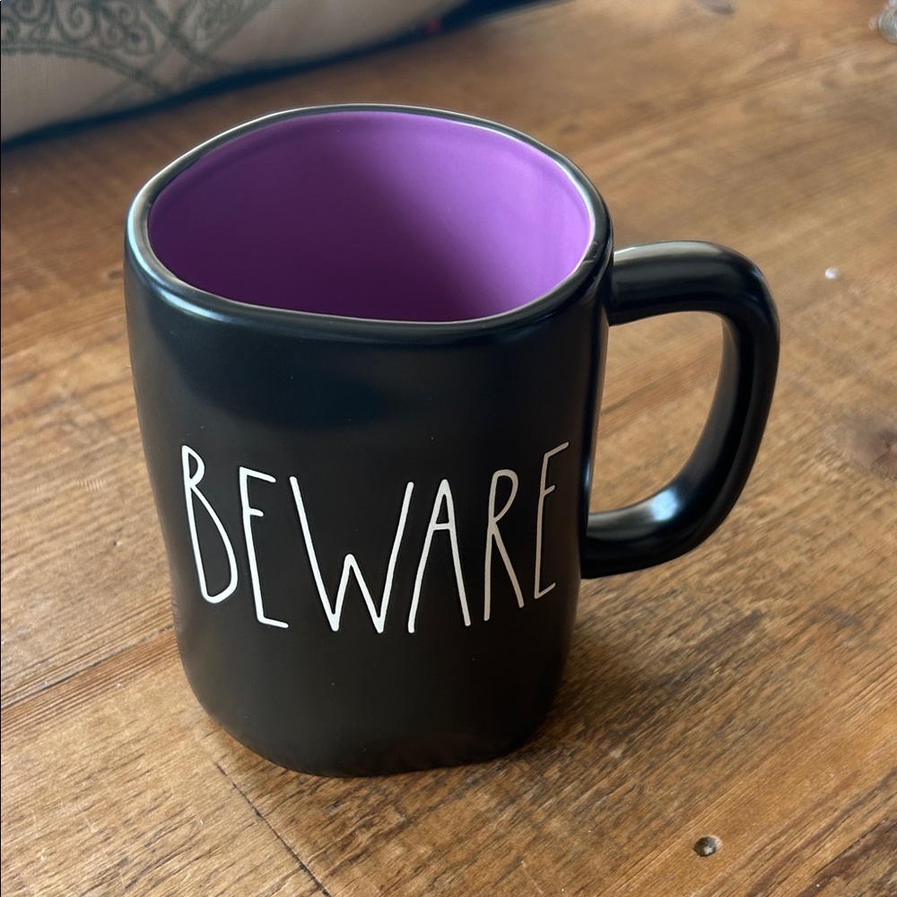 Rae Dunn Black Mug with Purple Interior - 'Beware'
